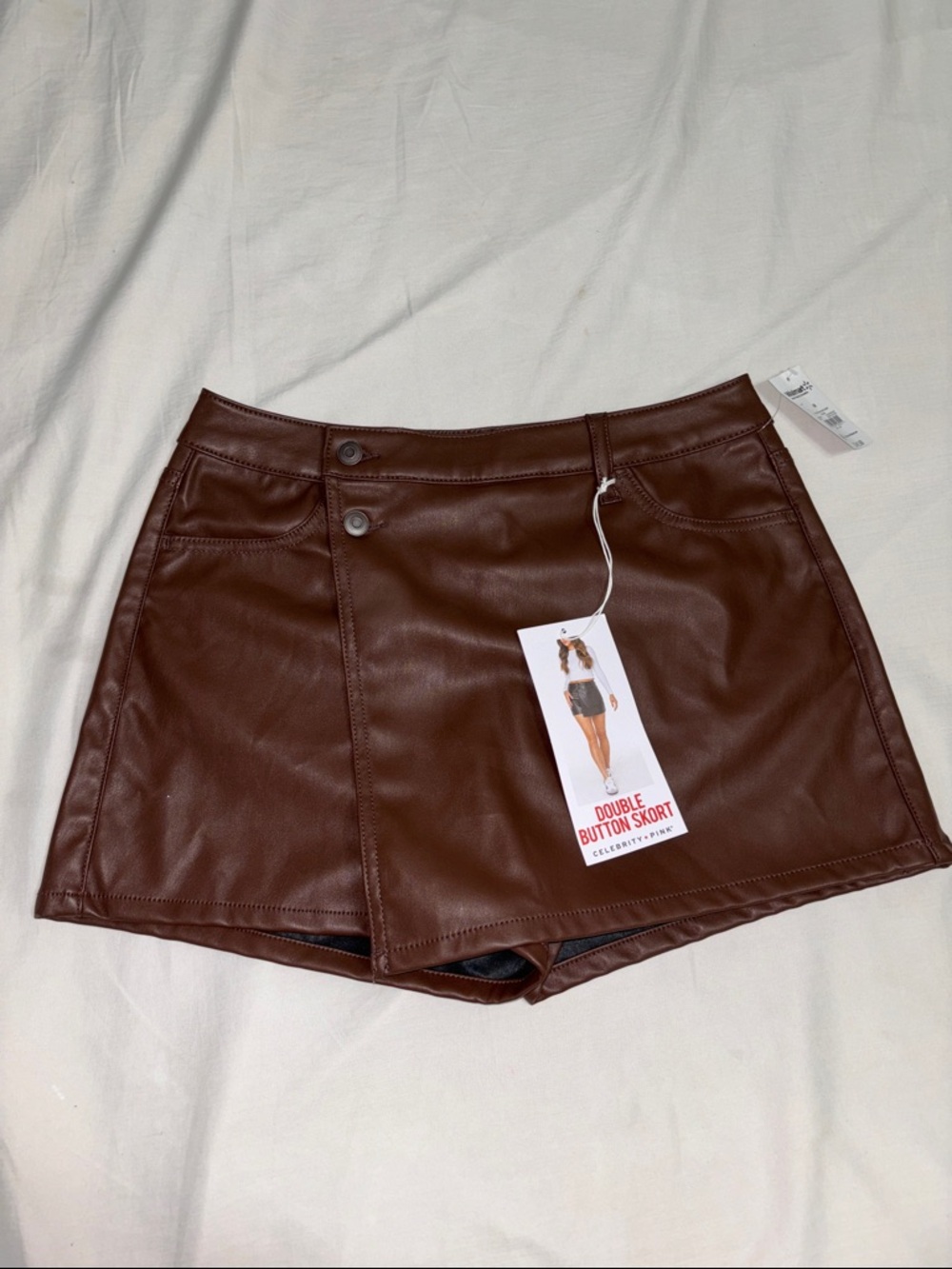 Celebrity Pink Brown Faux Leather Double-Button Skort
